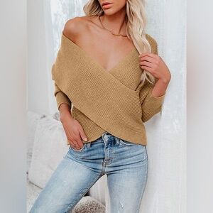 ZCSIA Camel Criss Cross V Neck Cropped Long Sleeve Sweater Size S #1328